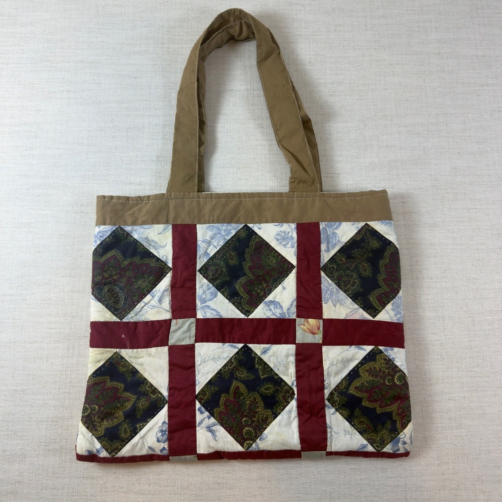 Handmade Quilted Patchwork Tote Bag Paisley Floral Burgundy Navy Cottagecore